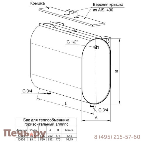 Бак для теплообменника Феррум Хопер 75 л горизонтальный эллипс (AISI 201) фото 2