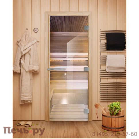 Дверь для бани DoorWood Эталон Прозрачное стекло 2000х800, 10 мм, 3 петли, коробка - листв. порода фото