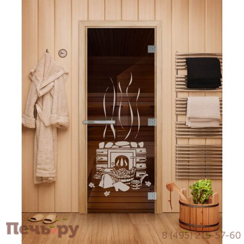 Дверь для бани DoorWood Эталон с рисунком 2000х800, 10 мм, 3 петли, коробка - листв. порода фото