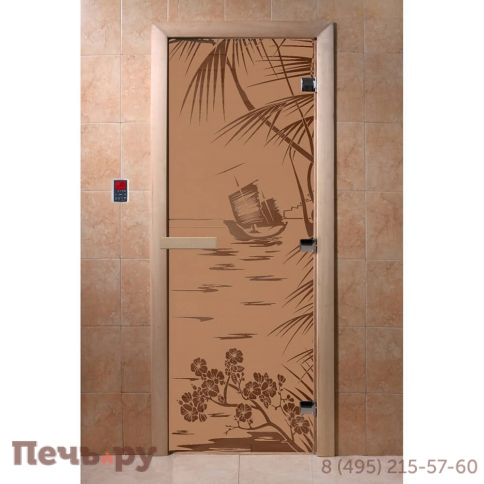 Дверь для бани DoorWood Голубая лагуна 1900х700, 8 мм, 3 петли, коробка - ольха фото 2