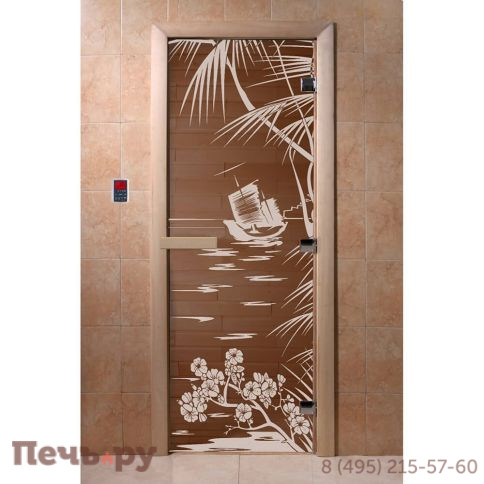 Дверь для бани DoorWood Голубая лагуна 1900х700, 8 мм, 3 петли, коробка - ольха фото