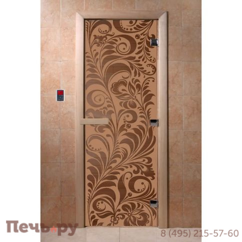 Дверь для бани DoorWood Хохлома 1900х700, 8 мм, 3 петли, коробка - ольха фото 2