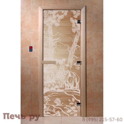 Дверь для бани DoorWood Мишки 1900х700, 8 мм, 3 петли, коробка - ольха фото 3
