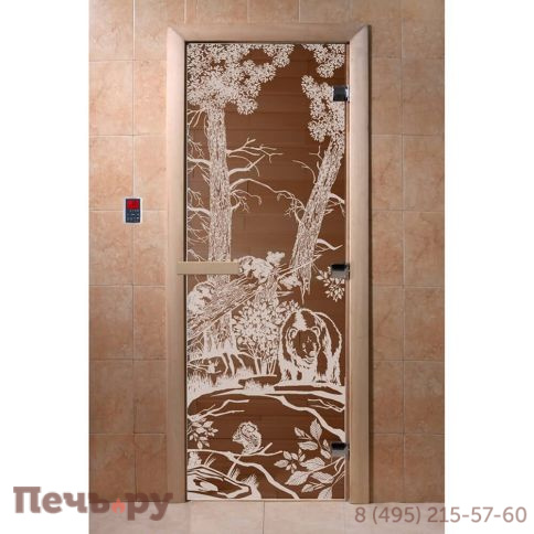 Дверь для бани DoorWood Мишки 1900х700, 8 мм, 3 петли, коробка - ольха фото