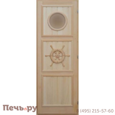 Дверь для бани DoorWood Штурвал с иллюминатором 1850х750 (без петель и ручки) кавказская липа фото
