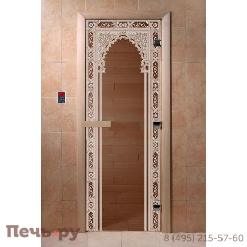 Дверь для бани DoorWood Восточная арка 1900х700, 8 мм, 3 петли, коробка - ольха фото 2