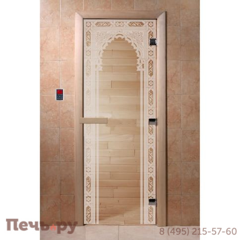 Дверь для бани DoorWood Восточная арка 1900х700, 8 мм, 3 петли, коробка - ольха фото