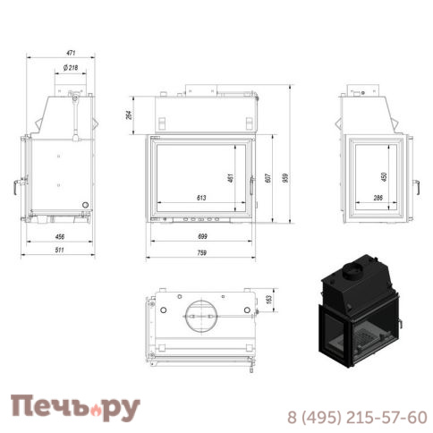 Каминная топка Kratki Amelia/PW/BL/24/W (стекло слева, змеевик) фото 4