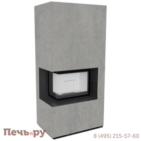 Каминокомплект Kratki Pro Floki в облицовке Cemento Grigio Bocciardata, угловое стекло слева фото