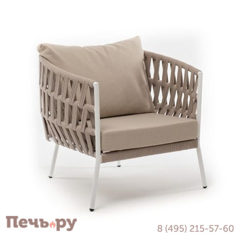 Кресло плетеное из роупа 4SiS Диего, каркас алюминий белый муар, роуп бежевый круглый, ткань бежевая 052 фото 3