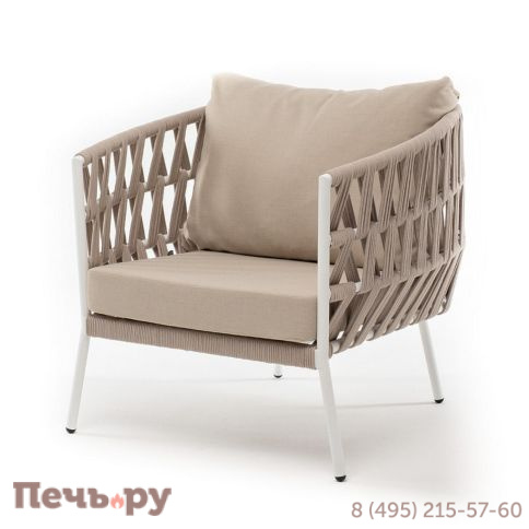 Кресло плетеное из роупа 4SiS Диего, каркас алюминий белый муар, роуп бежевый круглый, ткань бежевая 052 фото