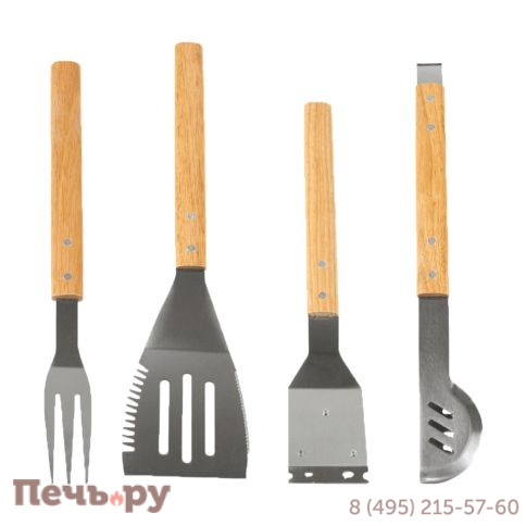 Набор инструментов Green Kamado из нержавеющей стали: вилка, лопатка, щетка, щипцы фото