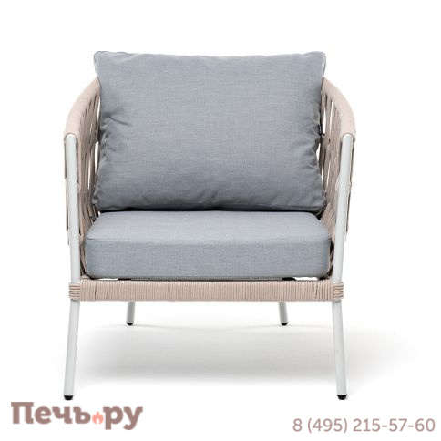 "Диего" кресло плетеное из роупа, каркас алюминий светло-серый (RAL7035) муар, роуп бежевый круглый, ткань светло-серая фото 2