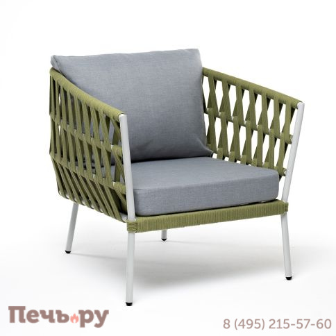 "Диего" кресло плетеное из роупа, каркас алюминий светло-серый (RAL7035) муар, роуп салатовый меланж круглый, ткань светло-серая фото 3