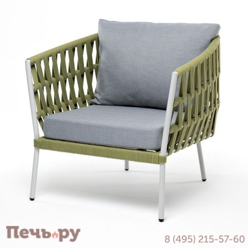 "Диего" кресло плетеное из роупа, каркас алюминий светло-серый (RAL7035) муар, роуп салатовый меланж круглый, ткань светло-серая фото