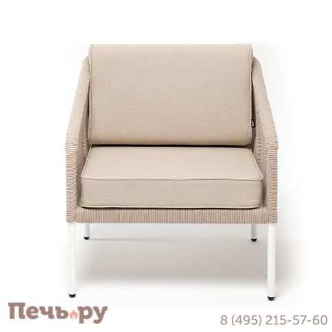 "Канны" кресло плетеное из роупа, каркас алюминий белый, муар, роуп бежевый круглый, ткань бежевая 052 фото 2