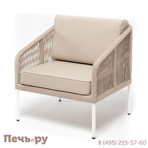 "Канны" кресло плетеное из роупа, каркас алюминий белый, муар, роуп бежевый круглый, ткань бежевая 052 фото