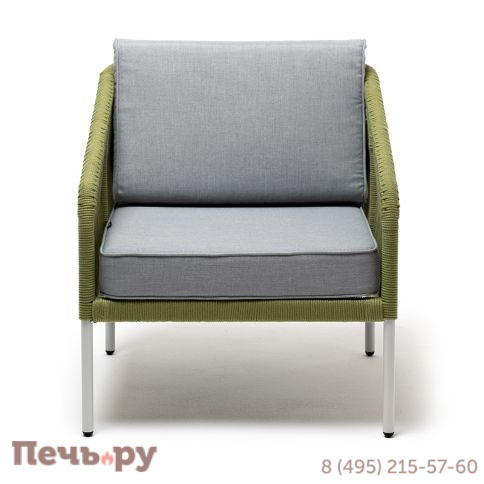 "Канны" кресло плетеное из роупа, каркас алюминий светло-серый (RAL7035) муар, роуп салатовый меланж круглый, ткань светло-серая фото 2