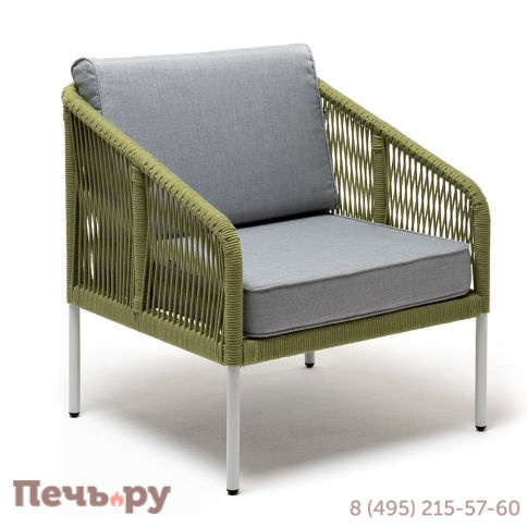 "Канны" кресло плетеное из роупа, каркас алюминий светло-серый (RAL7035) муар, роуп салатовый меланж круглый, ткань светло-серая фото 3