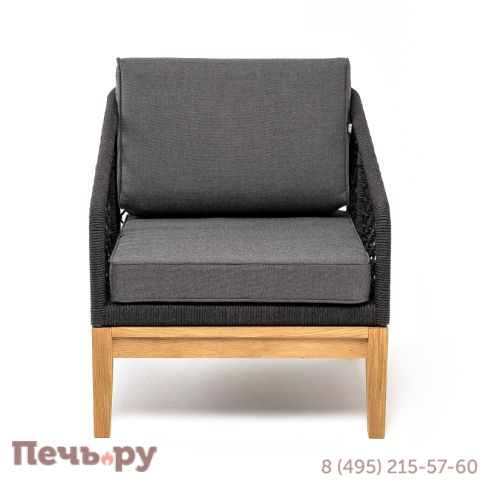 "Канны" кресло плетеное из роупа (узелки), основание дуб, роуп темно-серый круглый, ткань серая фото 2