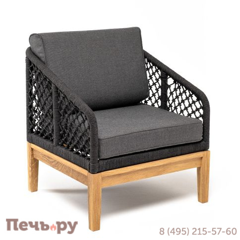 "Канны" кресло плетеное из роупа (узелки), основание дуб, роуп темно-серый круглый, ткань серая фото 3