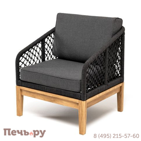 "Канны" кресло плетеное из роупа (узелки), основание дуб, роуп темно-серый круглый, ткань серая фото