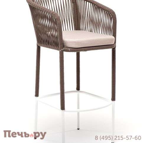 "Марсель" стул барный плетеный из роупа, каркас из стали белый муар, роуп коричневый круглый, ткань бежевая 052 фото 2