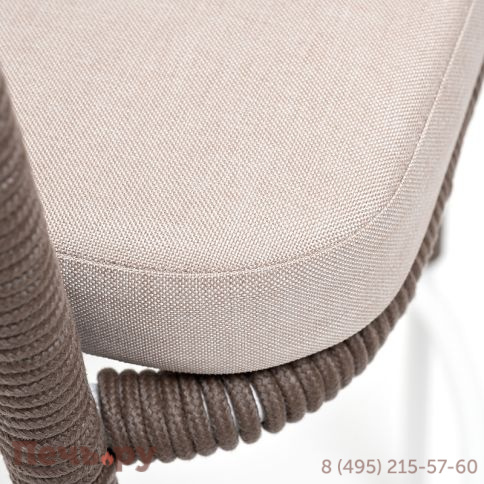 "Марсель" стул барный плетеный из роупа, каркас из стали белый муар, роуп коричневый круглый, ткань бежевая 052 фото 7