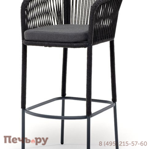 "Марсель" стул барный плетеный из роупа, каркас из стали серый (RAL7022) муар, роуп темно-серый круглый, ткань темно-серая 027 фото