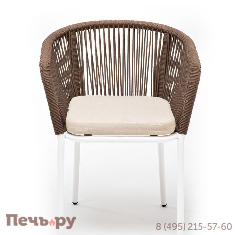 "Марсель" стул плетеный из роупа, каркас алюминий белый муар, роуп коричневый круглый, ткань бежевая 052 фото 2