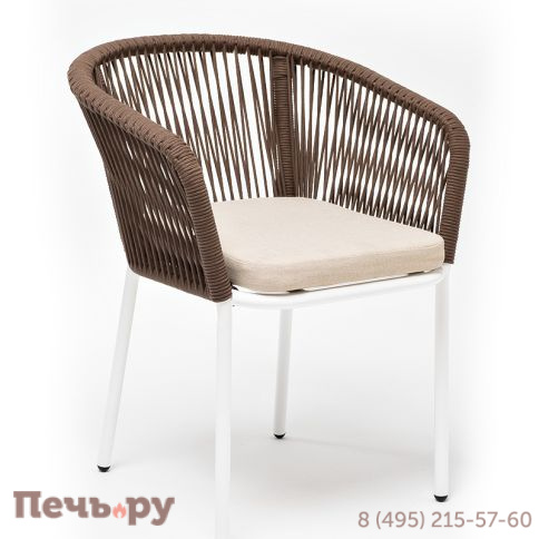 "Марсель" стул плетеный из роупа, каркас алюминий белый муар, роуп коричневый круглый, ткань бежевая 052 фото 3