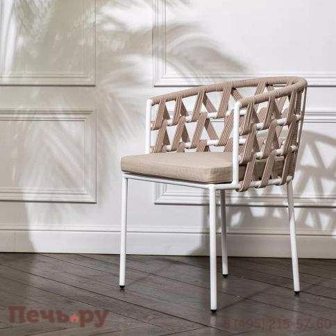 Стул плетеный из роупа 4SiS Диего, каркас из стали белый муар, роуп бежевый круглый, ткань бежевая 15052 фото 2